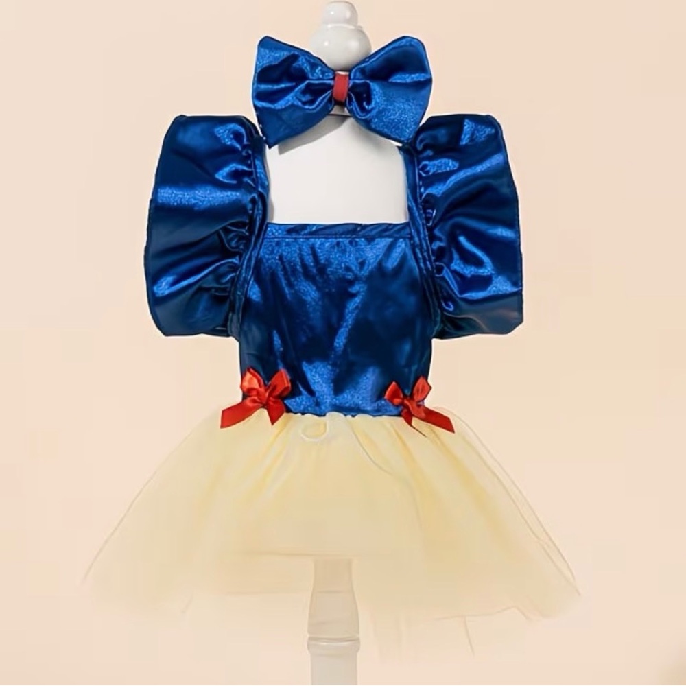 Blue and Yellow Pet Dog or Cat Snow White Princess Dress Costume with Hair Bow